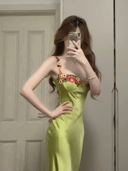 Simple A line Spaghetti Straps Satin Vestido De Desta Verde Green Prom Dresses Wedding Guest Dress N266