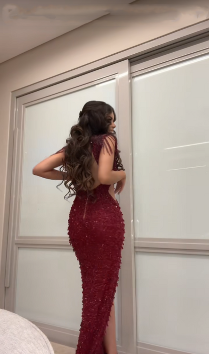 Gorgeous Mermaid V Neck Burgundy Sequins Beaded Bodice Prom Dresses Long Formal Party Gown AB355
