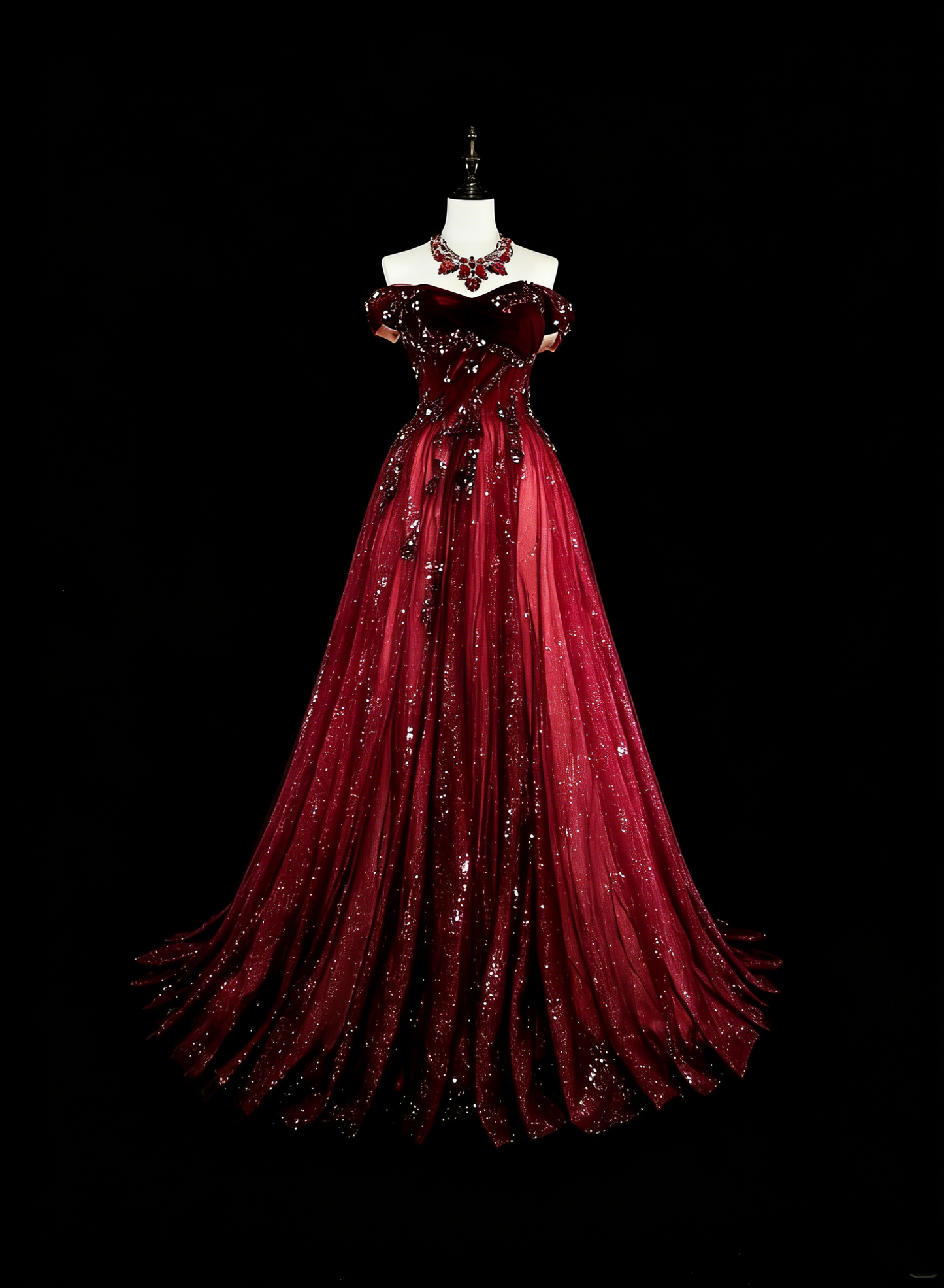 Off-Shoulder Sparkly A line Burgundy With Appliques Long Prom Dress Wine Red Party Dresses N1777