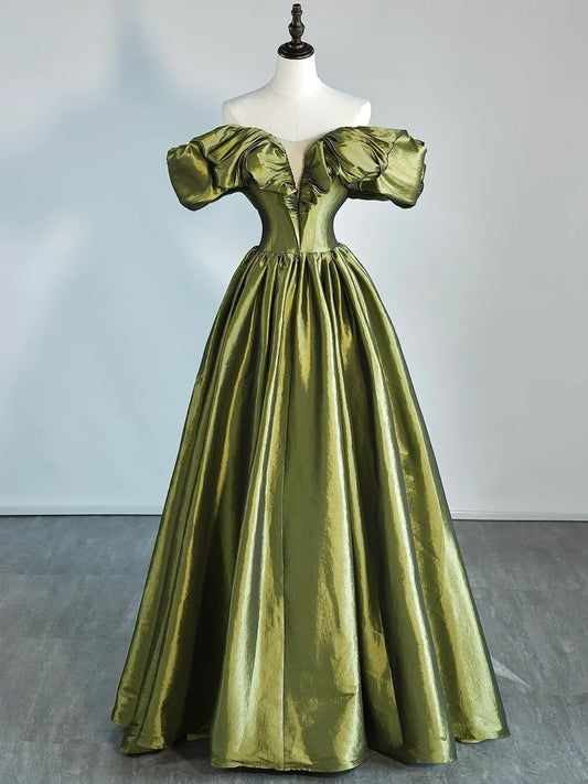 Modest Ball Gown Off The Shoulder Olive Green Satin Prom Dresses Inspiration Party Gowns Princess Formal Dress N757