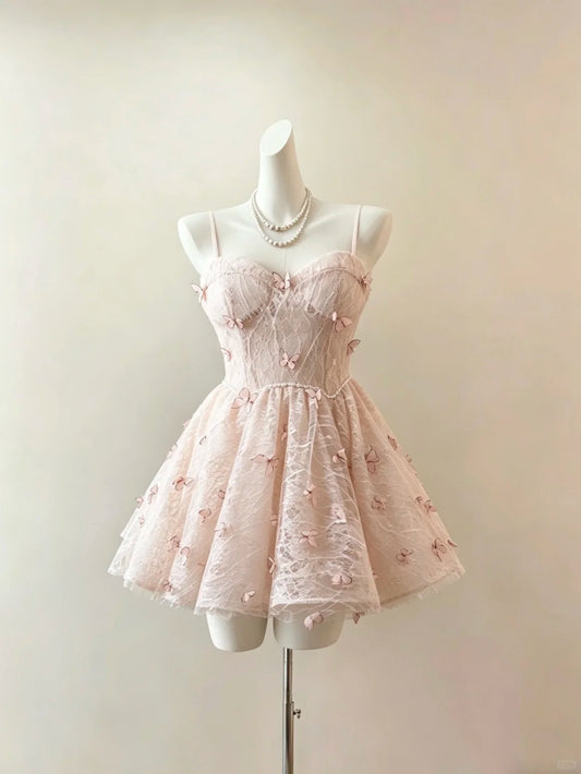 Beautiful Ball Gown Spaghetti Strap Blush Pink Lace Mini Grad Dresses Short Inspo Senior Homecoming Outfits RB4700