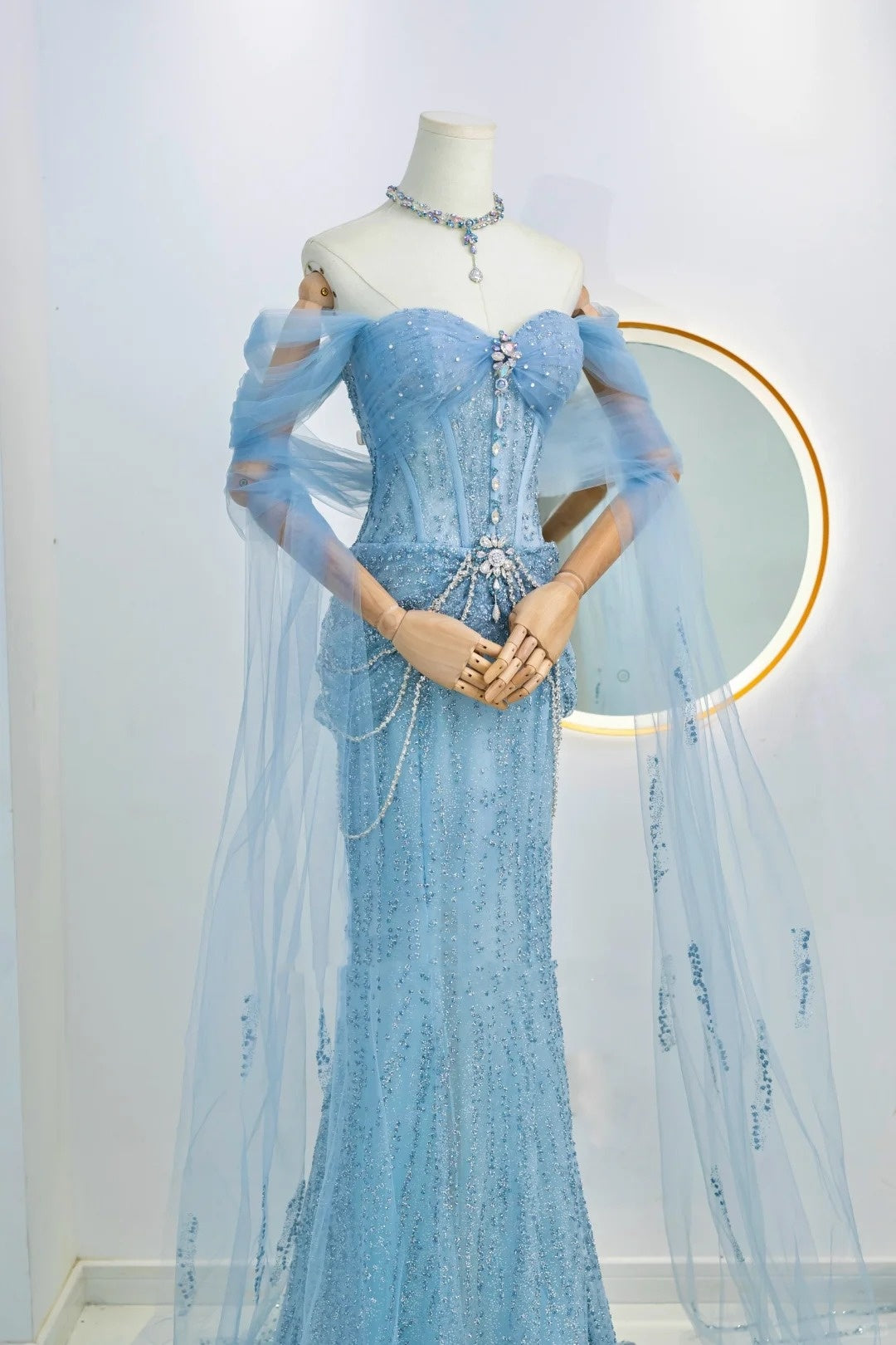 Sparkly Mermaid Off The Shoulder Blue Sequined Long Prom Dresses Party Dress Birthday Outfits Graduation Gown N2842
