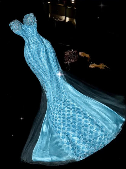 Elegant Mermaid Sweetheart Blue Lace Tulle With Beading Prom Dresses Formal Outfits Evening Night Dress RB8245