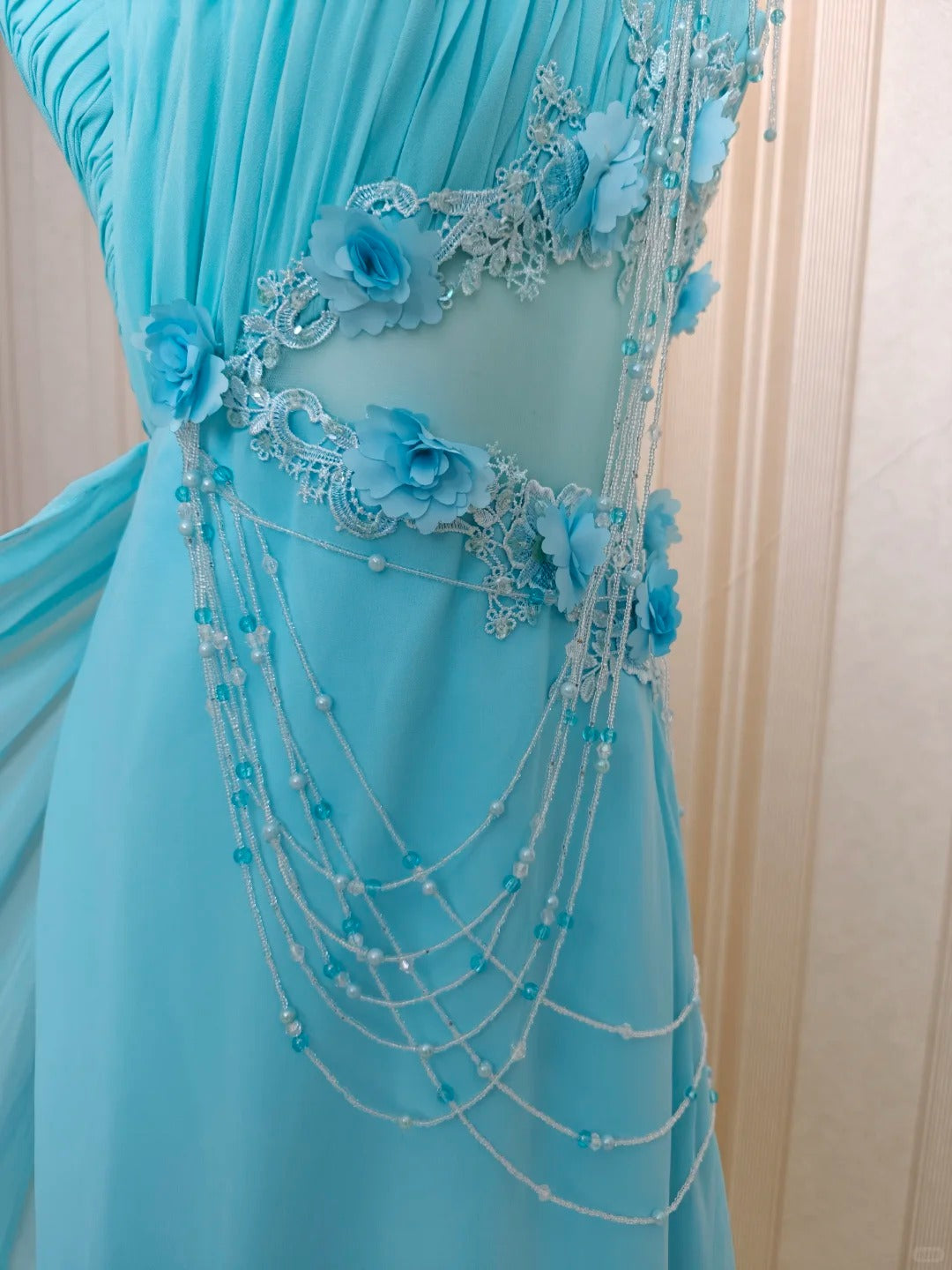 Vintage Prom Dresses A line One Shoulder Blue Chiffon 80s With Flowers Long Formal Evening Outfits N4217