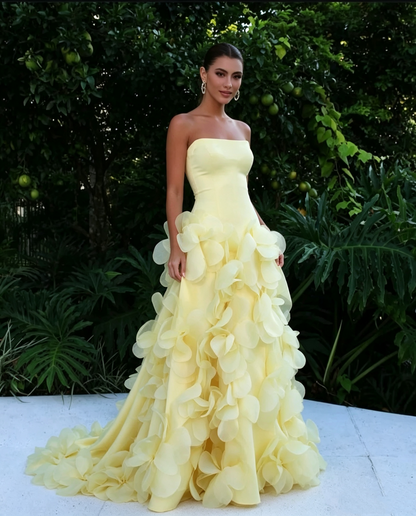 Modest A Line Strapless Yellow Chiffon Prom Dresses Inspo Simple Long Prom Gowns AB251