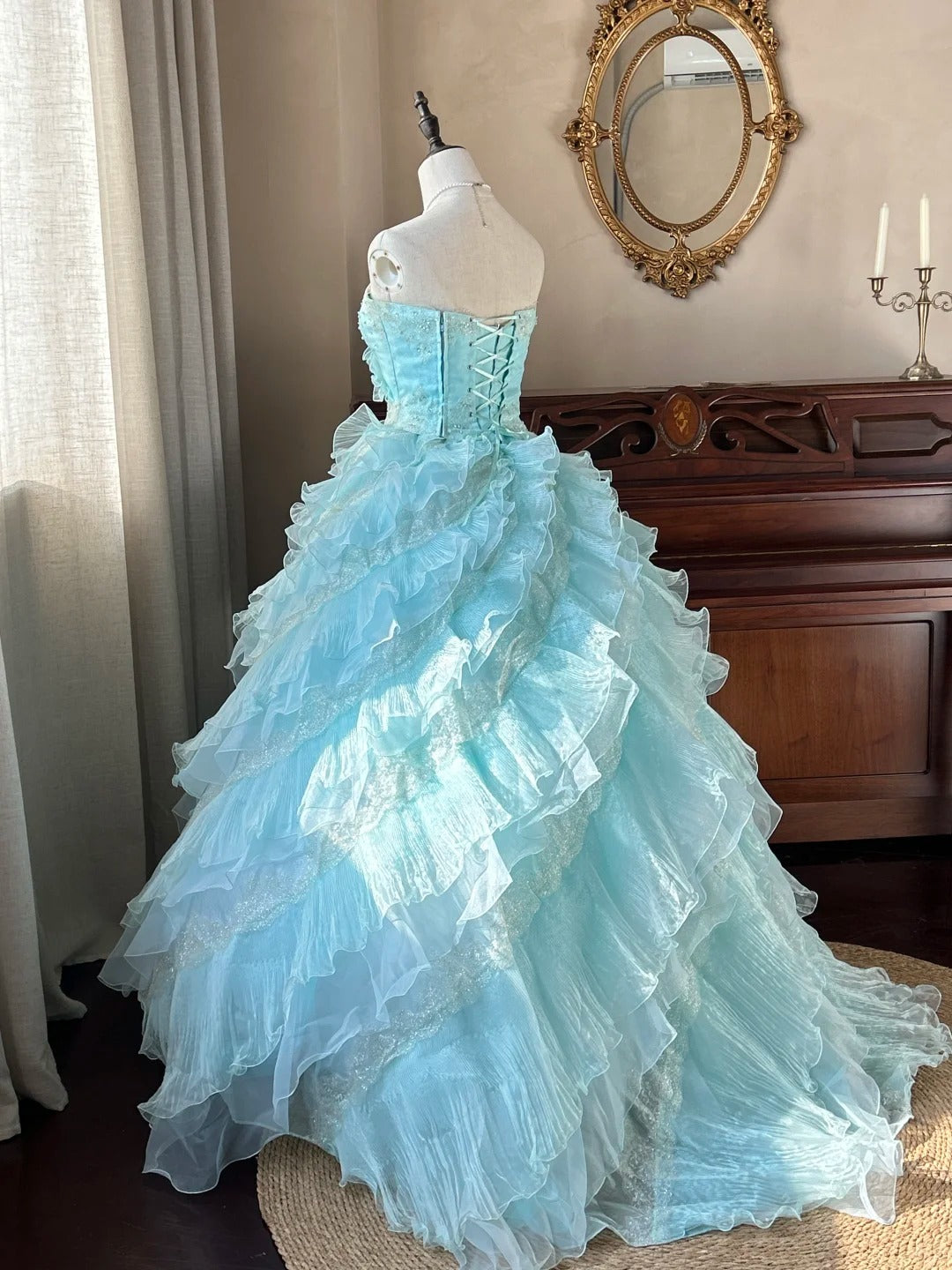 Cute  Ball Gown Strapless Light Blue With Layers Tiered Sweet 16 Dresses Long 15 Vestidos De Fiesta N2268