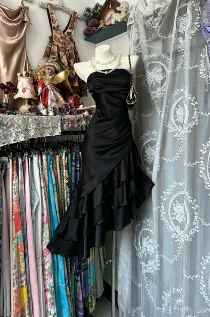 Vintage Mermaid Strapless Champagne Satin Mid Length Graduation Birthday Outfits Homecoming Dresses N3740