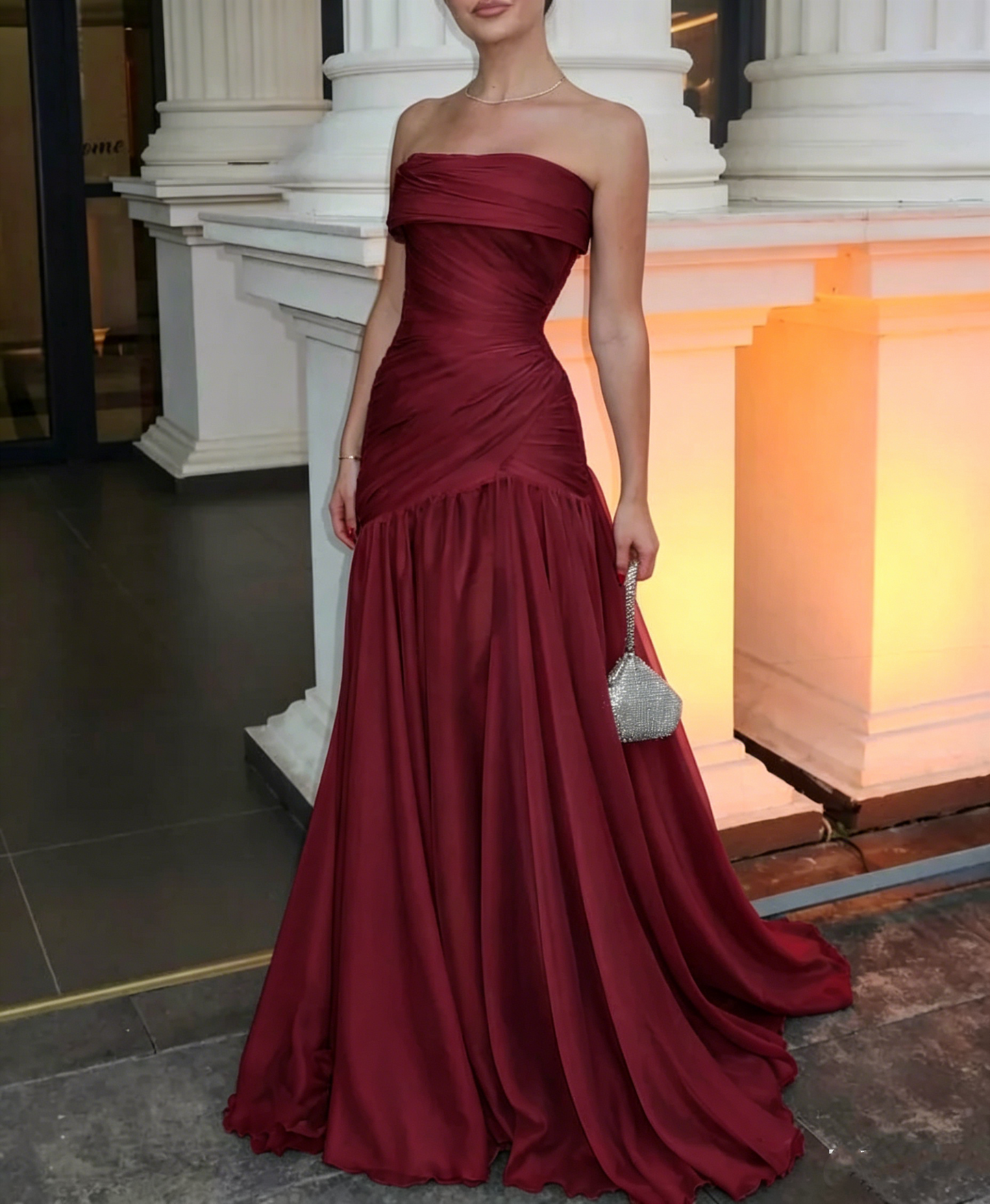 Gorgeous Chic Blue Strapless Sleeveless A Line Long Prom Dresses With Pleated Formal Gowns AB393