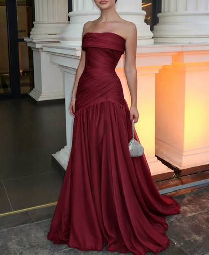 Gorgeous Chic Blue Strapless Sleeveless A Line Long Prom Dresses With Pleated Formal Gowns AB393