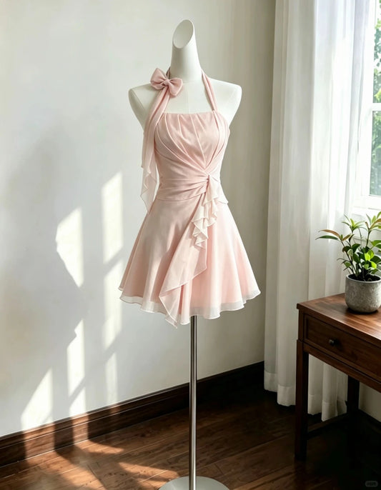 Cute A line Halter Chiffon Pink With Bow Graduation Dresses Inspo Senior Homecoming Outfits RB4716
