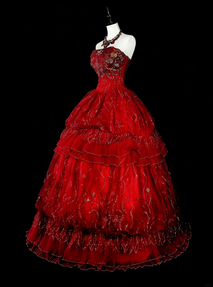 Vintage Prom Dresses Ball Gown Strapless Burgundy Tulle 2000s Long Party Dress N2383