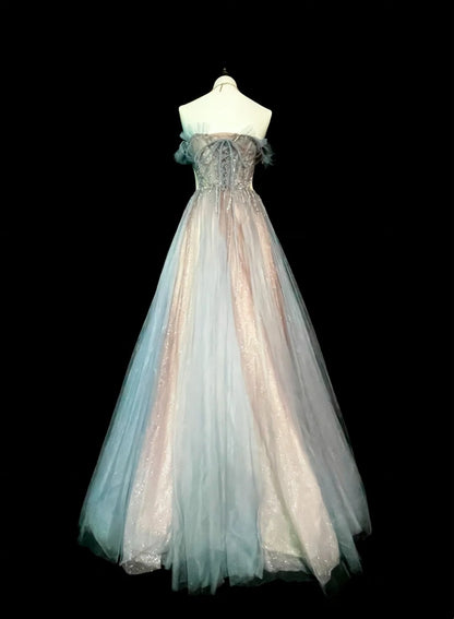 Vintage 1760s A Line Off The Shoulder With Cape Tulle Sleeves Pleated Long Prom Dresses N1584