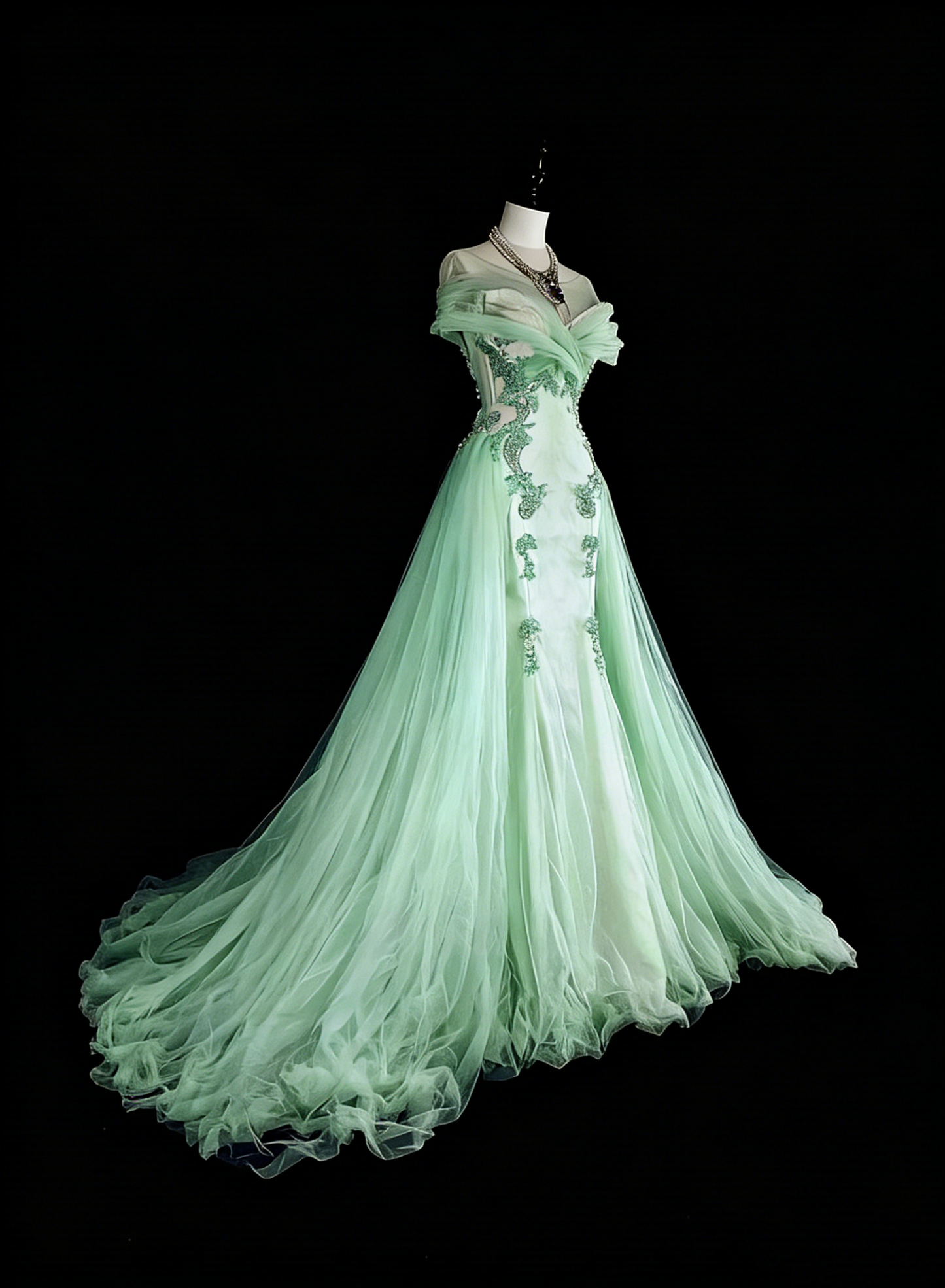 Dreamy Prom Dresses Vintage 80s Retro Off The Shoulder Mint Green Tulle Lace Long Formal Outfits N2365