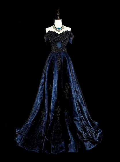 Vintage Prom Dresses Ball Gown Off The Shoulder Navy Blue Tulle With Appliques 80s Long Formal Gown N2720