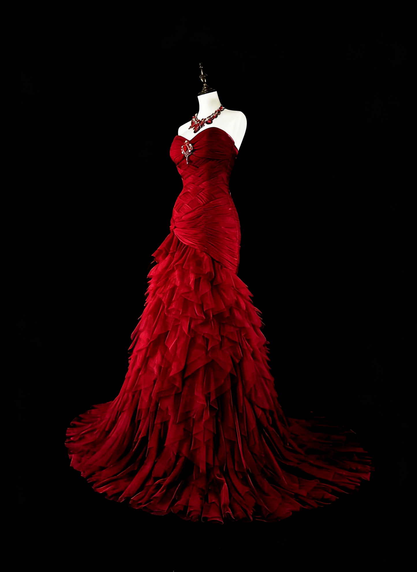 Vintage Prom Dresses Mermaid Sweetheart Red Tulle With Tiered Layers Long Party Dress N2376