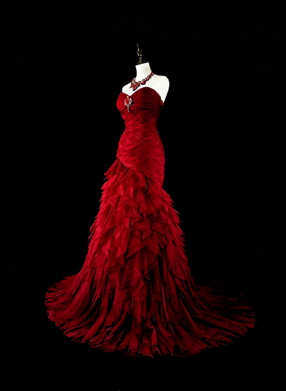 Vintage Prom Dresses Mermaid Sweetheart Red Tulle With Tiered Layers Long Party Dress N2376
