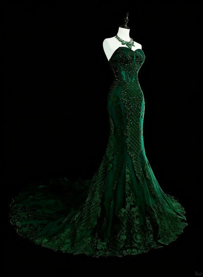 Vintage 1960s Mermaid Sweetheart Dark Green With Crystals Gems Sleeveless Long Prom Formal Dresses N1593