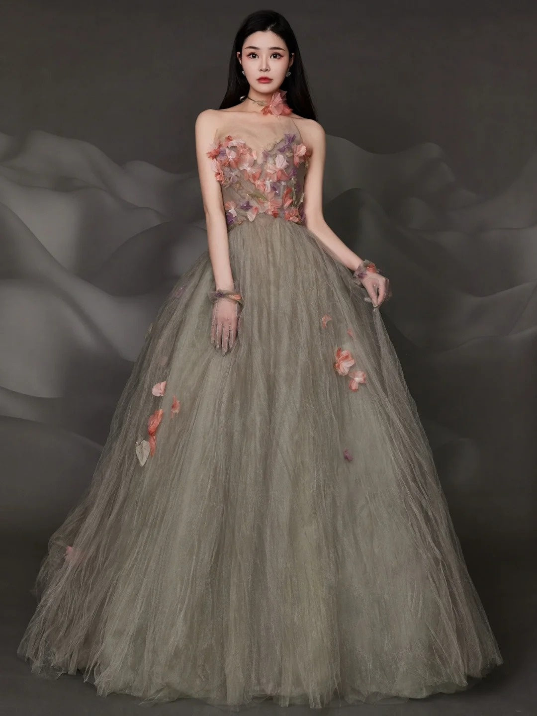 Charming Ball Gown Strapless Tulle Long Evening Prom Dresses Floor Length Evening Formal Dress N275