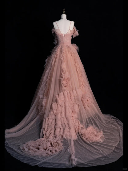 Beautiful Ball Gown Spaghetti Strap Pink Tulle Long Prom Dresses Inspiration Evening Gowns Formal Prom Dress N1214