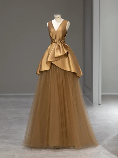 Elegant Ball Gown V Neck Gold Satin Long Prom Dresses Inspo Evening Outfits RB3996