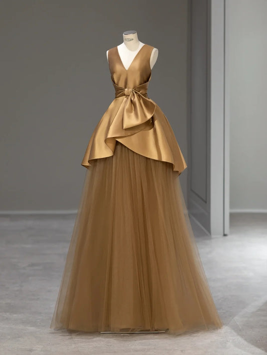 Elegant Ball Gown V Neck Gold Satin Long Prom Dresses Inspo Evening Outfits RB3996