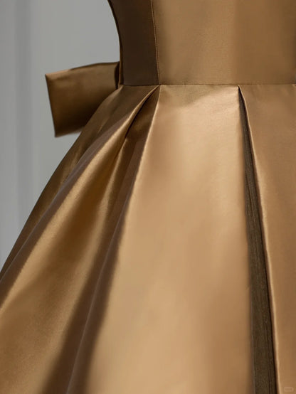Elegant Ball Gown V Neck Gold Satin Long Prom Dresses Inspo Evening Outfits RB3996