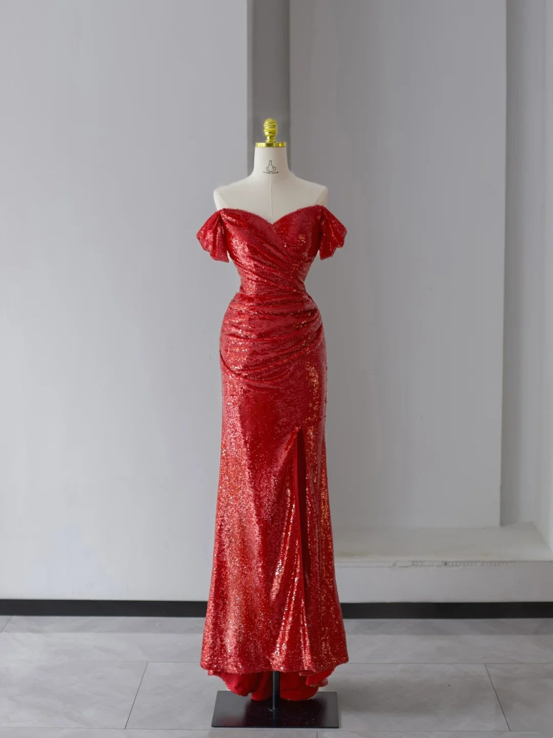 Glitter Prom Dresses Mermaid Off The Shoulder Red Sequined With Ruffle Long Formal Gown N2945