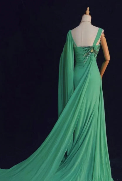 Elegant Mermaid One Shoulder Green Chiffon With Silver Beaded Bodice Formal Dress Long Prom Dresses N2726