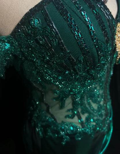 Modest Prom Dresses Inspo Mermaid Off The Shoulder Dark Emerald Green Slit Lace 80s Long Formal Gowns N3389