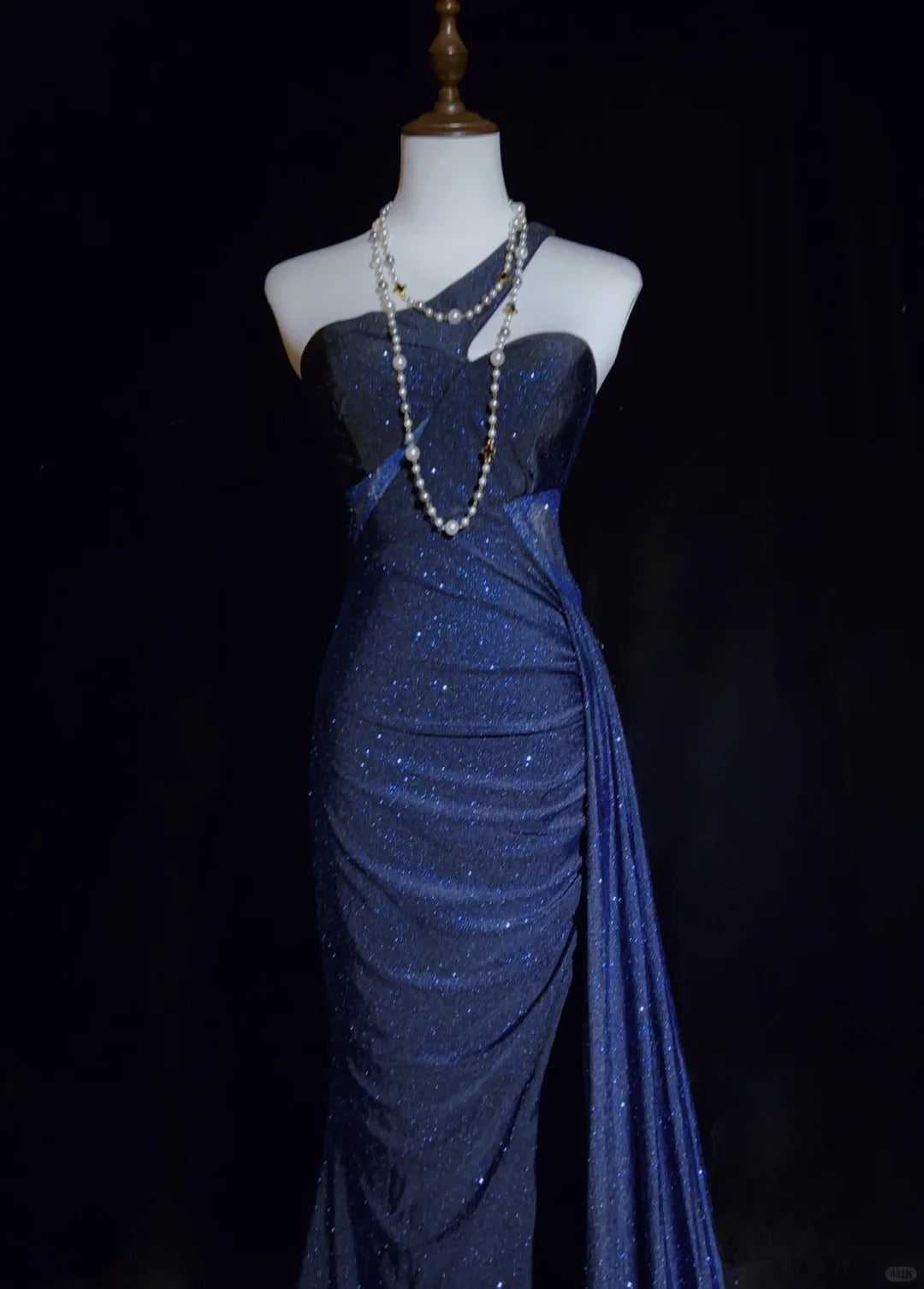 Vintage Prom Dresses 90s Mermaid One Shoulder Navy Blue Sequined Backless Long Evening Outfits N3140