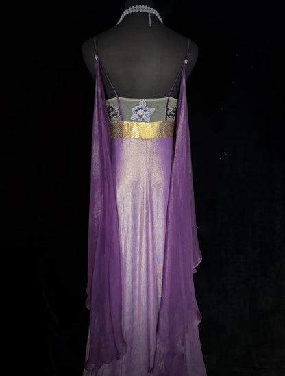Charming Prom Dresses A line Spaghetti Strap Purple Chiffon With Cape Long Formal Evening Dress N3897