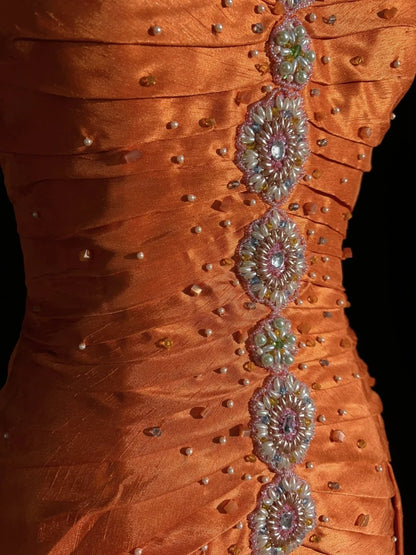 Vintage Prom Aesthetic Dresses A Line Spaghetti Strap Orange Satin With Beading Long Formal Dance Dress N3007