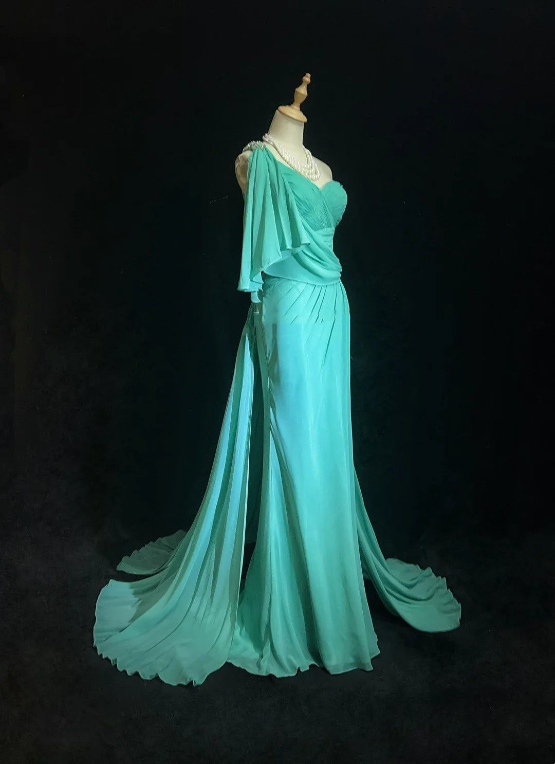 Vintage Prom Dresses Mermaid One Shoulder Blue Chiffon 80s Long Formal Gown N2758