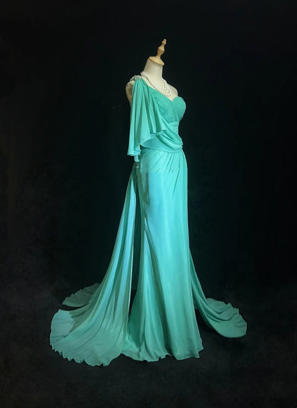 Vintage Prom Dresses Mermaid One Shoulder Blue Chiffon 80s Long Formal Gown N2758