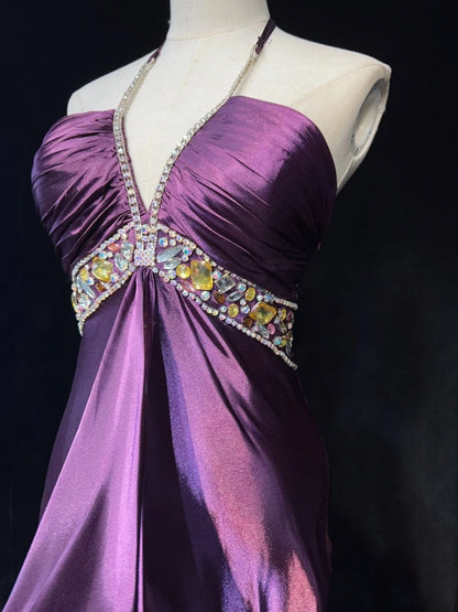 Vintage Prom Dresses 90s Mermaid Halter Grape Backless With Beading Long Semi Formal Evening Dress N3667