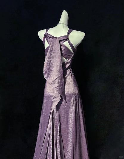 Vintage Prom Dresses 1950s A Line Halter Grape Satin With Gold Lace Sleeveless Evening Formal Outfits RB4332