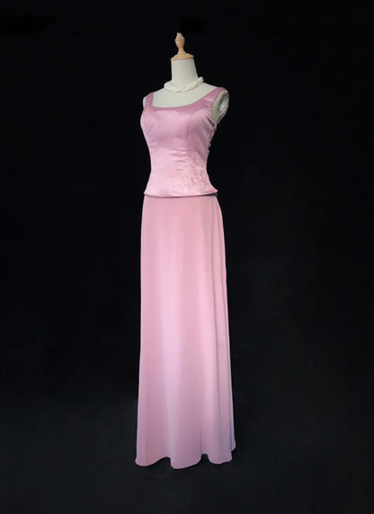 Vintage Prom Dresses A line Square Neck Pink Satin With Pearls 90s Long Formal Evening Gown N2662