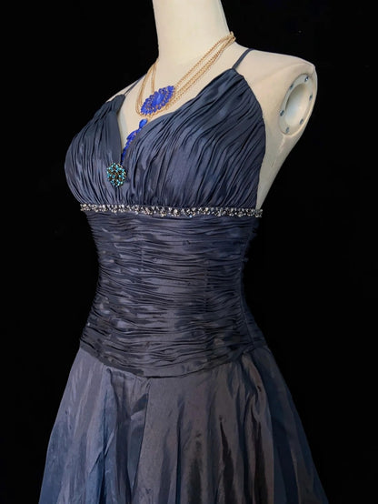 Timeless Prom Dresses Ball Gown Halter Navy Blue Taffeta With Beading Cape Evening Outfits N3287