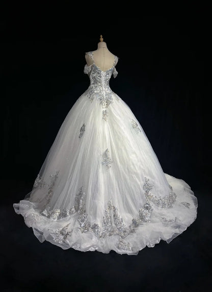 Princess Lace Straps White Appliques Sweet 16 Dress Ball Gown Formal Party Outfits Sweet Sixteen Dress RC0088