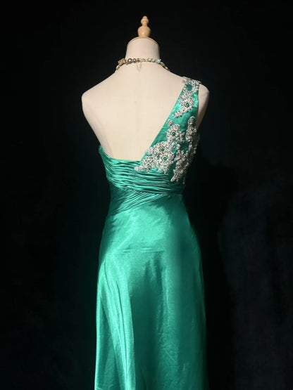 Vintage Prom Dresses A line One Shoulder Green Satin 70s With Appliques Lace Long Formal Gown N2529
