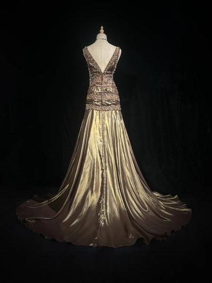 Vintage Prom Aesthetic Dresses Mermaid V Neck Brown Satin With Beading Gem Long Formal Dress N3021