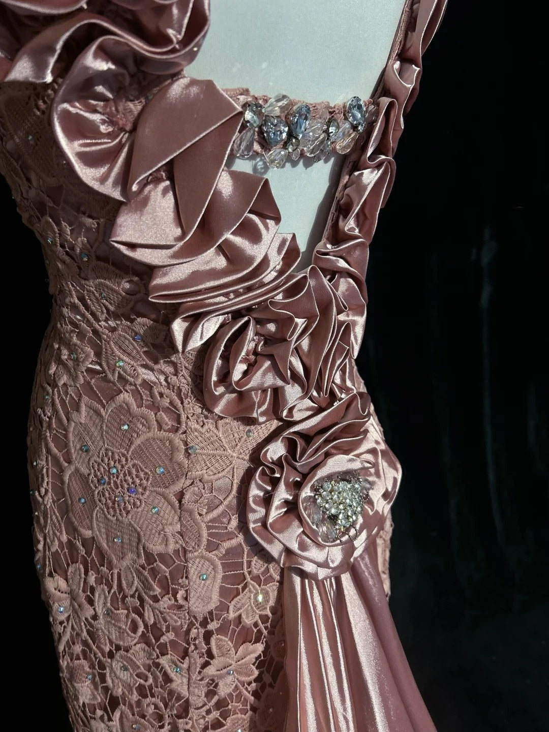 Vintage Prom Dresses Mermaid V Neck Pink Lace With 3d Flowers 1950s Long Formal Gown N2594