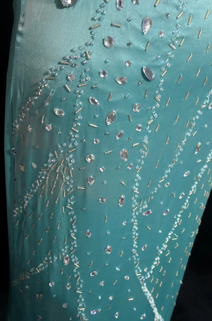 Classy Prom Dresses Mermaid Spaghetti Strap Backless Tiffany Blue Chiffon With Beaded Long Formal Evening Outfits N3708