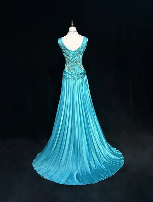 Vintage Prom Aesthetic Dresses A line Blue Satin With Beading Appliqued Long Formal Dress N3024