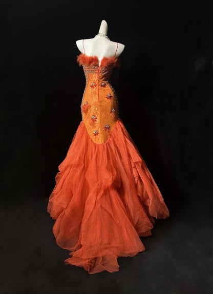 Vintage Prom Dresses Mermaid Spaghetti Straps Orange Tulle Lace Long 80s Party Evening Formal Gown RC1144