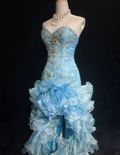 Vintage Prom Dresses High Low Sweetheart Blue Sleeveless 80s Long Formal Gown N2862