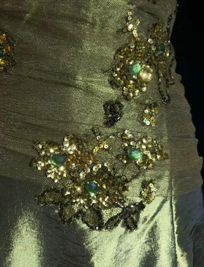 Vintage Prom Dresses Mermaid Sweetheart Olive Green Satin With Beading 1980s Long Formal Gown N2622