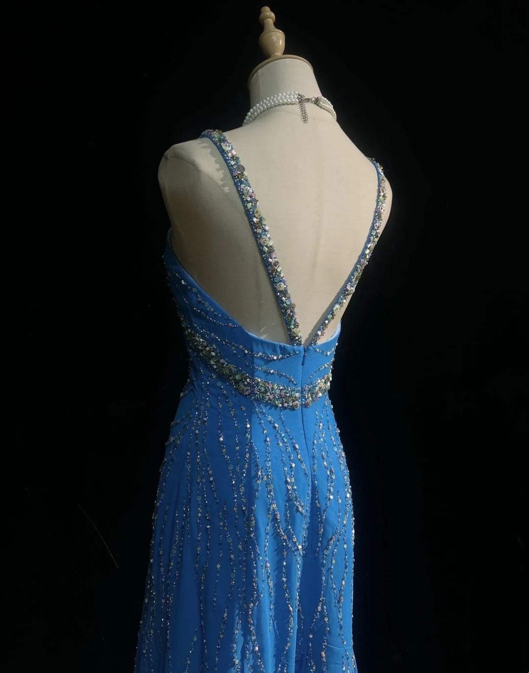 Vintage Prom Dresses Mermaid Halter Blue Chiffon With Beads Jewels Floor Length 80s Formal Gown N2582