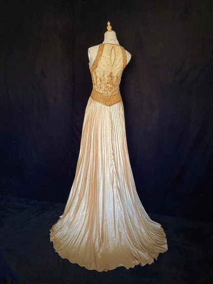 Vintage Prom Dresses 80s A Line Halter Sleeveless Gold With Beading Semi Formal Evening Outfits N3610