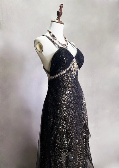Vintage Prom Dresses Mermaid Halter Black Sequin 70s With Beading Backless Long Formal Dress N2518